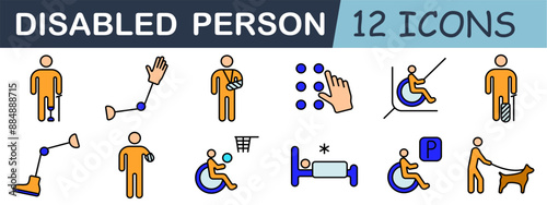 Disability support set icon. Prosthetic limb, guide dog, sign language, braille, accessibility, wheelchair basketball, handicap parking, rehabilitation.