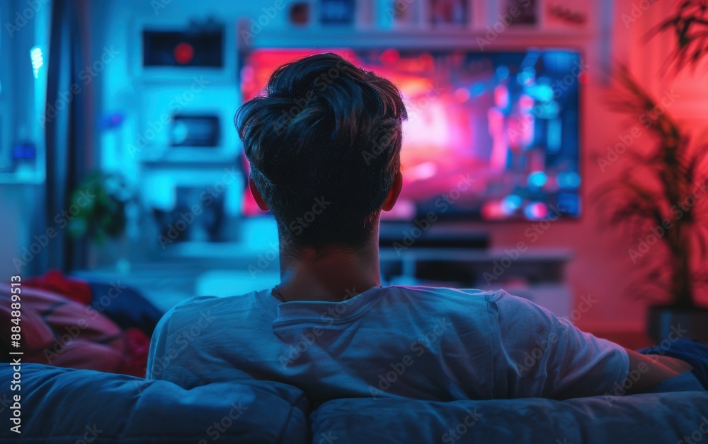 A man is sitting on a couch in front of a television. The room is dimly lit, giving it a cozy and relaxed atmosphere A man is sitting on a couch in front of a television. The room is dimly lit, giving it a cozy and relaxed atmosphere