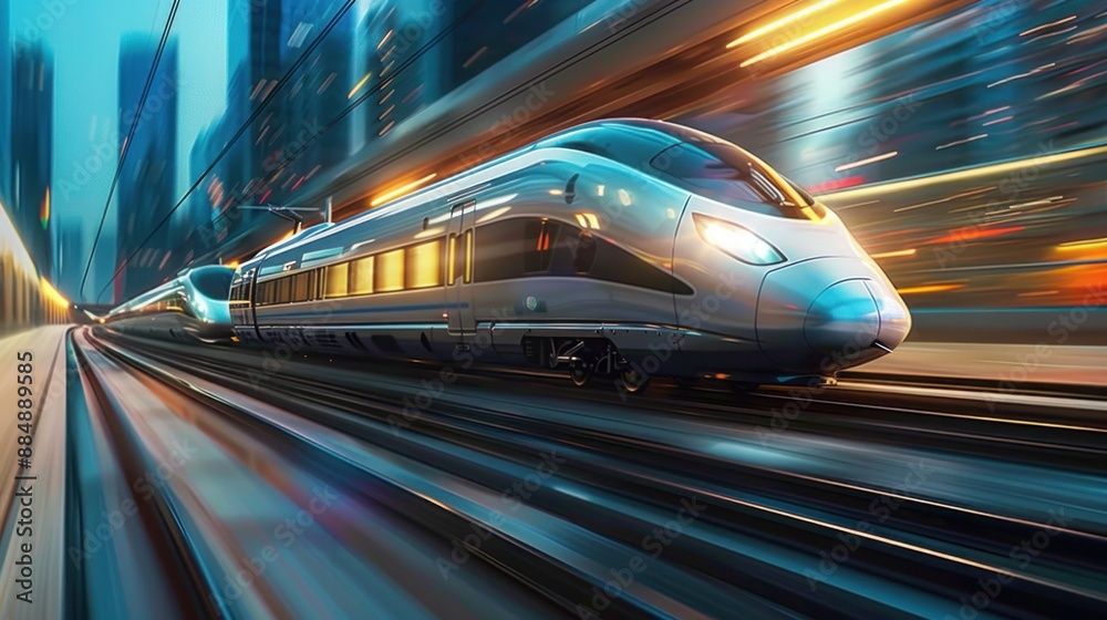 High-speed train traveling through a modern urban landscape. High-speed train traveling through a modern urban landscape.