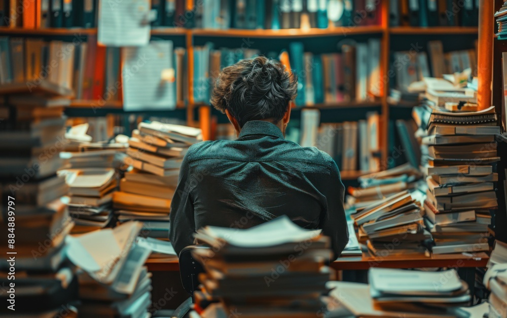 A man sits at a desk surrounded by piles of books. He is working or studying, as there are many books around him. Concept of focus and determination A man sits at a desk surrounded by piles of books. He is working or studying, as there are many books around him. Concept of focus and determination