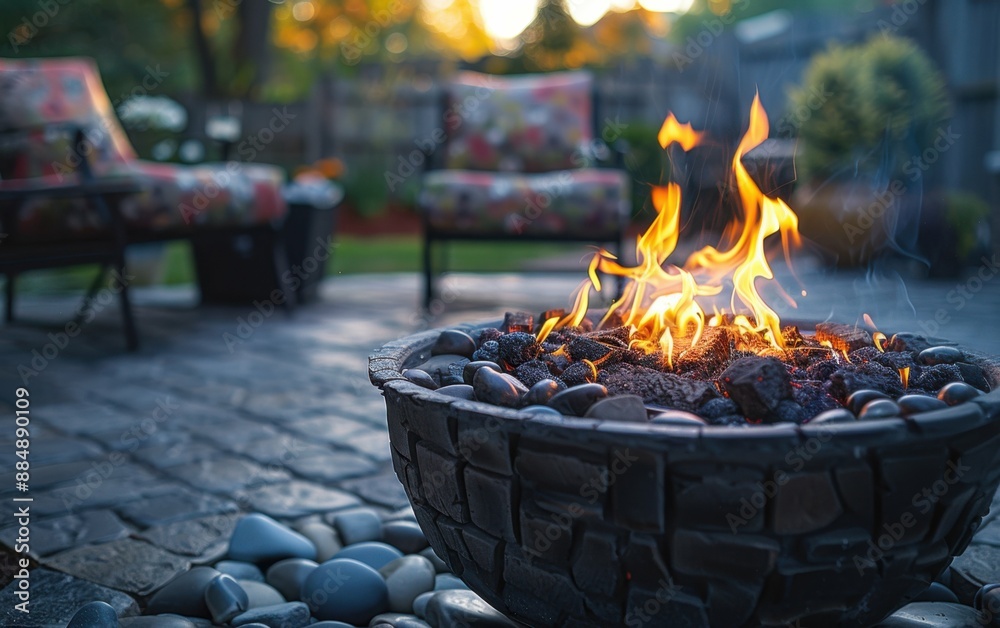 A fire is burning in a metal bowl on a patio. The fire is surrounded by rocks and there are two chairs nearby. Scene is warm and inviting, as the fire provides a cozy atmosphere for relaxation A fire is burning in a metal bowl on a patio. The fire is surrounded by rocks and there are two chairs nearby. Scene is warm and inviting, as the fire provides a cozy atmosphere for relaxation