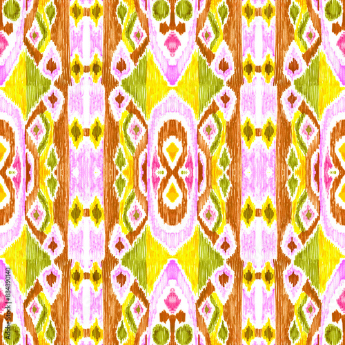 Ethnic abstract art ikat. Seamless ornamental print. Geometric ethnic pattern seamless color oriental. Design for background, curtains, carpets, wallpaper, clothes, packaging, batik.