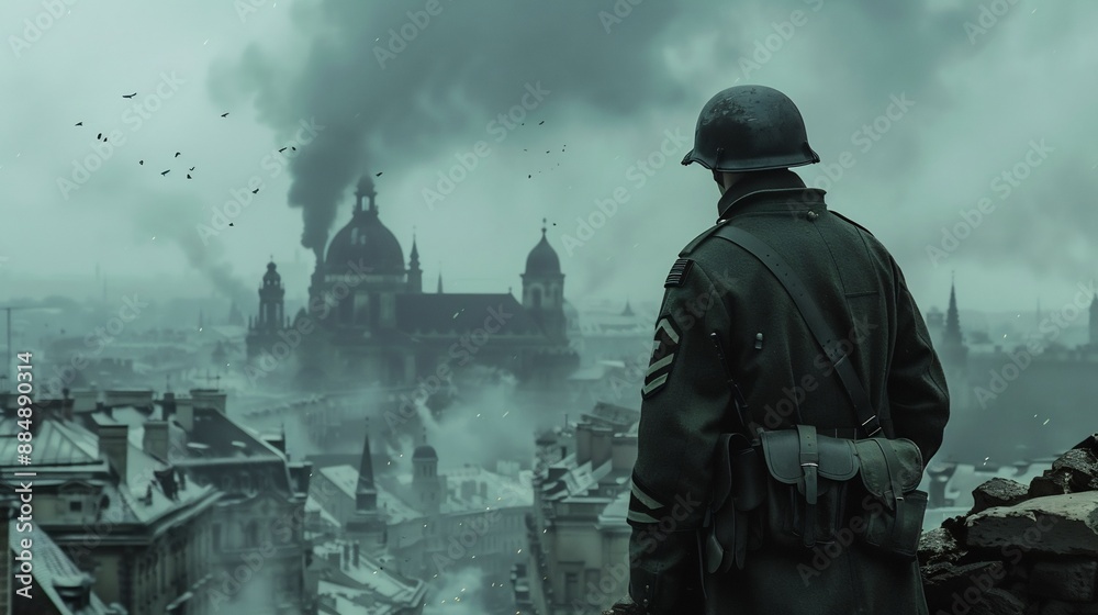 A soldier stands during the War against the backdrop of a destroyed city