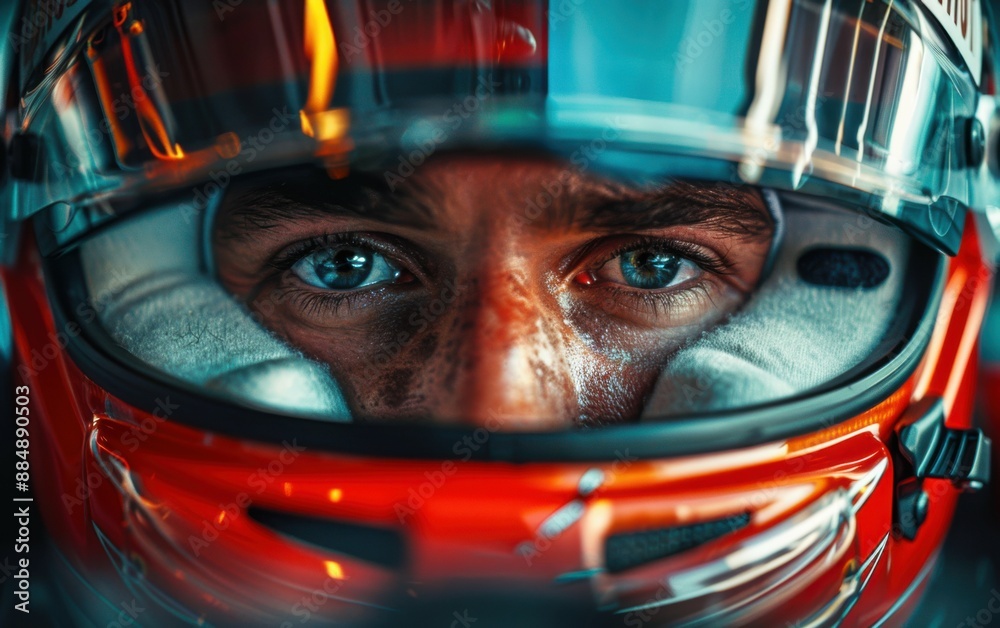 A man wearing a red helmet with blue eyes. The helmet is red and has a black visor