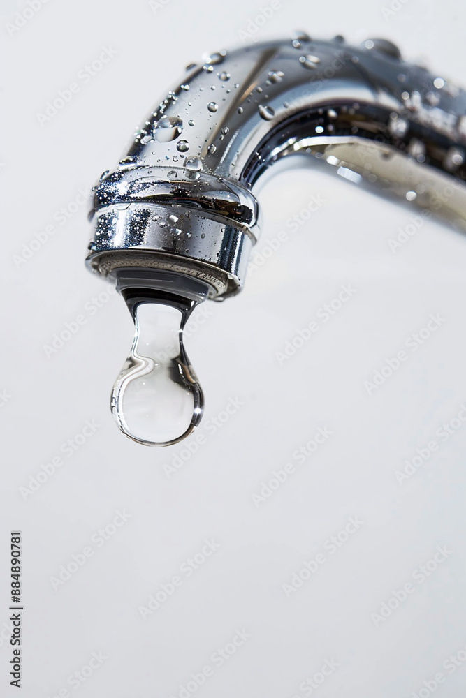Close-up of a water droplet falling from a shiny faucet, symbolizing water conservation and purity. Close-up of a water droplet falling from a shiny faucet, symbolizing water conservation and purity.
