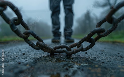 A chain is broken in half, with one half hanging down and the other half hanging up. The chain is on a wet road, and a person is standing behind it. Scene is somber and melancholic photo