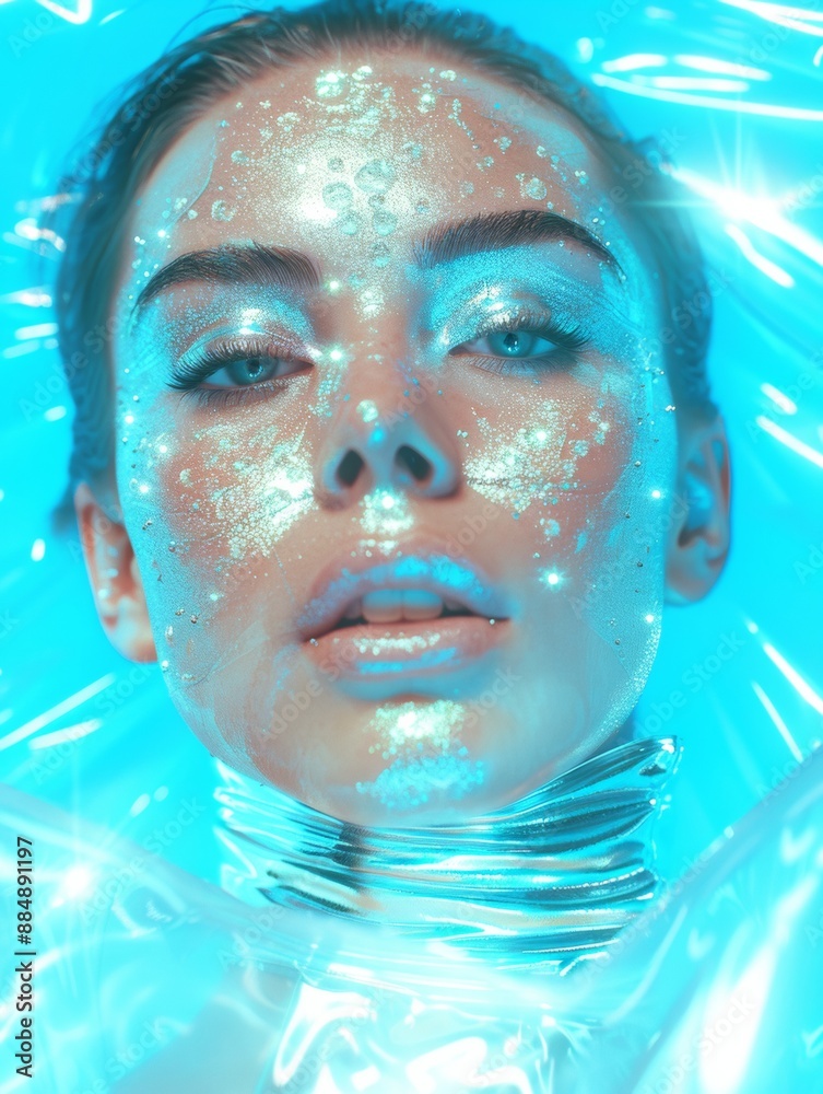 Futuristic Fashion in Ethereal Realm Young Woman with Glitter Makeup and Silver Dress in AI-Inspired Digital World Futuristic Fashion in Ethereal Realm Young Woman with Glitter Makeup and Silver Dress in AI-Inspired Digital World