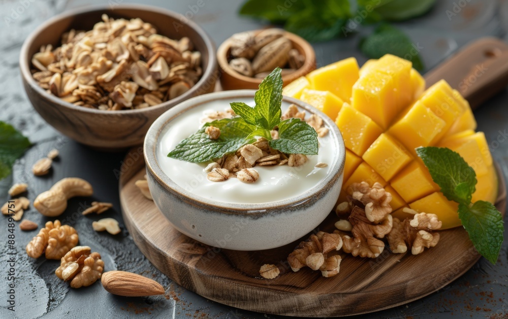 Fresh Mango Slices, Mixed Nuts, and Greek Yogurt on Rustic Wooden Board - A Concept of Healthy Snacking and Nutritional Balance Fresh Mango Slices, Mixed Nuts, and Greek Yogurt on Rustic Wooden Board - A Concept of Healthy Snacking and Nutritional Balance