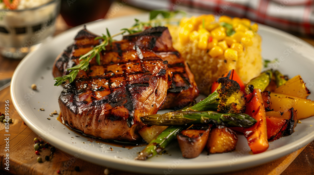 A beautifully plated dish of barbecued pork chops, grilled to perfection and served with a side of roasted vegetables and cornbread 