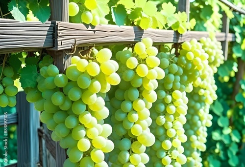 Clusters of green grapes hanging from a wooden trellis, surrounded by lush green leaves in a vineyard photo