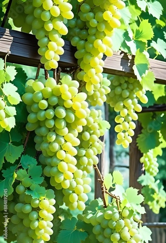 Clusters of green grapes hanging from a wooden trellis, surrounded by lush green leaves in a vineyard photo