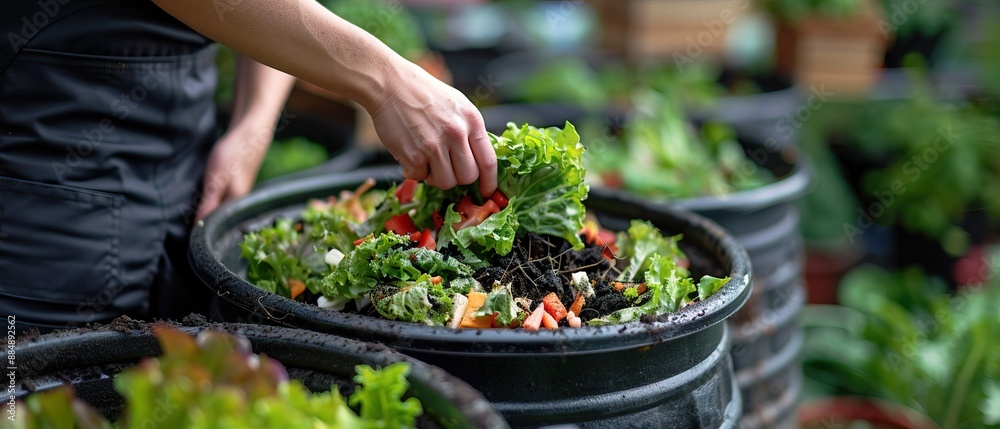 Obraz premium Person composting food waste in backyard compost bin garden