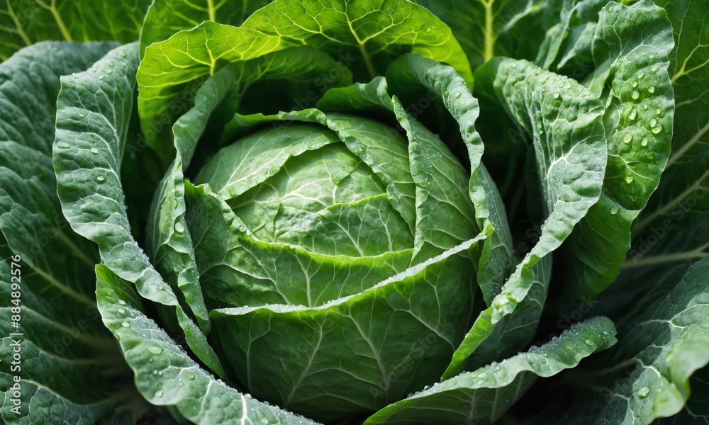 Closeup of a large green cabbage with water droplets on the leaves Closeup of a large green cabbage with water droplets on the leaves