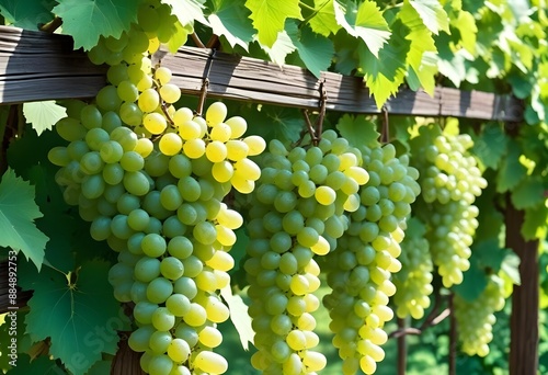 Clusters of green grapes hanging from a wooden trellis, surrounded by lush green leaves in a vineyard photo