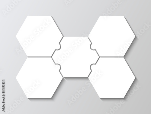 5 pieces puzzle infographic. Jigsaw hexagon for business infographics. Business presentation info graphic, parts of process diagram. Puzzle grid. Vector illustration