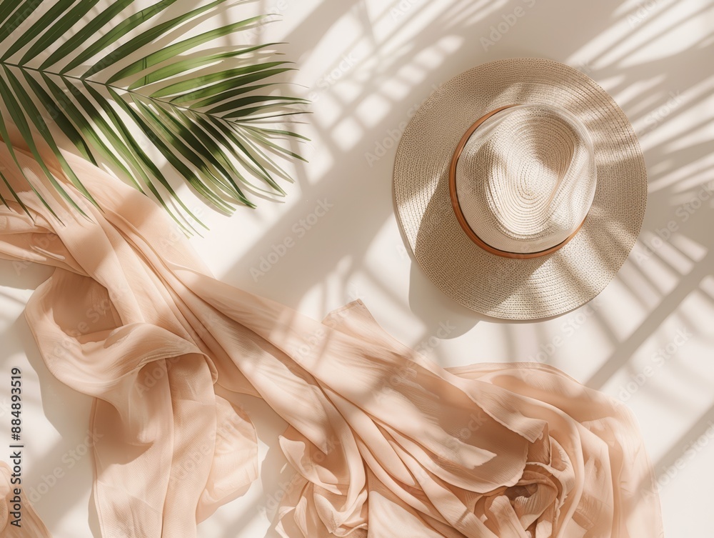 Beautiful summer composition with beige hat, palm leaf and pastel scarf on white backgroundin a flat lay style. Top view Beautiful summer composition with beige hat, palm leaf and pastel scarf on white backgroundin a flat lay style. Top view