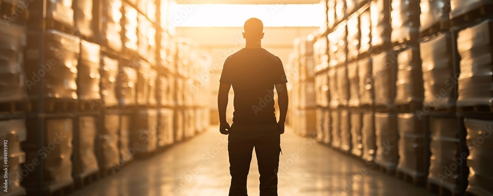 The silhouette of a manager stands in a warehouse aisle, surrounded by towering stacks of cargo. The composition includes significant copy space for text or design elements. The silhouette of a manager stands in a warehouse aisle, surrounded by towering stacks of cargo. The composition includes significant copy space for text or design elements.