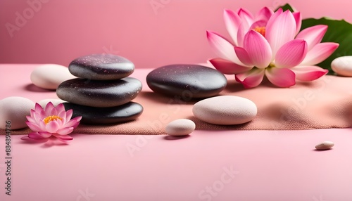 Zen stones, velvet sand and lotus flower on pink background witn copy space, wellness and harmony, massage and bodycare, spa and wellness concept	
