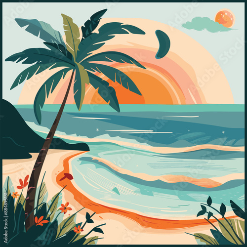 Free vector summer beach sunset with palm tree, Long beach, summer vibes hand draw, summer  slogan with beach illustration, 