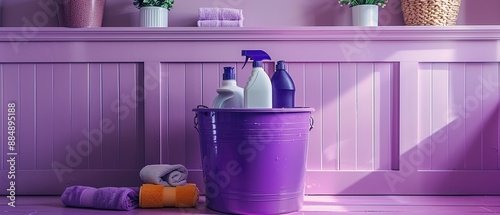 Home cleaning essentials ready for tidy up. purple bucket with mop and detergents