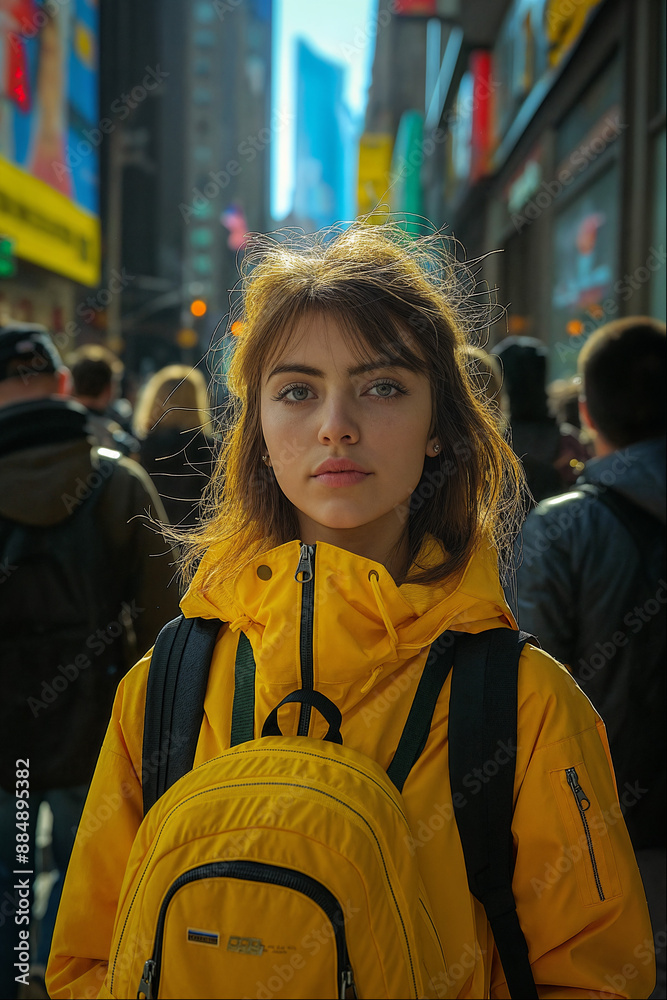Young woman in a yellow jacket with a backpack in a bustling city Young woman in a yellow jacket with a backpack in a bustling city