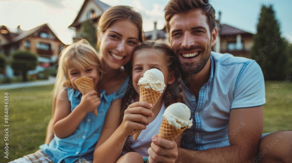 Multigenerational Family Enjoying Ice Cream on a Sunny Summer Lawn During National Ice Cream Day Celebration Multigenerational Family Enjoying Ice Cream on a Sunny Summer Lawn During National Ice Cream Day Celebration