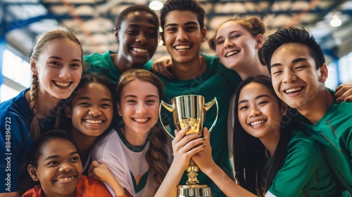 Fototapeta Naklejka Na Ścianę i Meble -  A diverse group of joyful students from various nationalities posing with a trophy in their sports uniforms, celebrating their victory with wide smiles and strong camaraderie in indoor sport facility