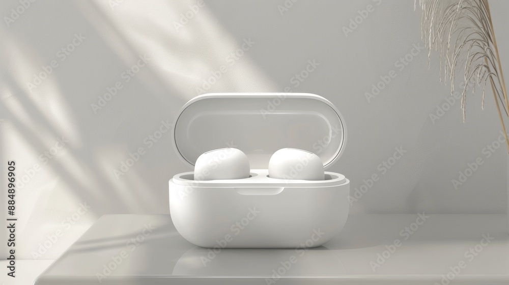 White Wireless Earbuds in Charging Case on Tabletop White Wireless Earbuds in Charging Case on Tabletop