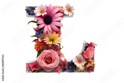 3d letter 'i' made of floral elements with studio lighting and PNG transparent background, perfect for elegant and artistic design projects, floral-themed invitations, and creative typography applicat photo