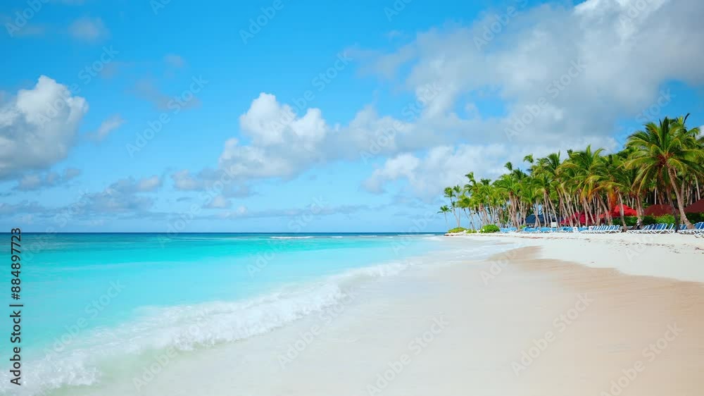 Seamless loop of sea waves on white Maldives palm beach. Palm trees, blue sea and pure natural landscape. Walk along a tropical exotic resort beach. Paradise beach on an island in the ocean. Seamless loop of sea waves on white Maldives palm beach. Palm trees, blue sea and pure natural landscape. Walk along a tropical exotic resort beach. Paradise beach on an island in the ocean.
