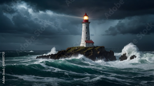 A lit lighthouse in the middle of stormy sea, a concept for hope and resilience