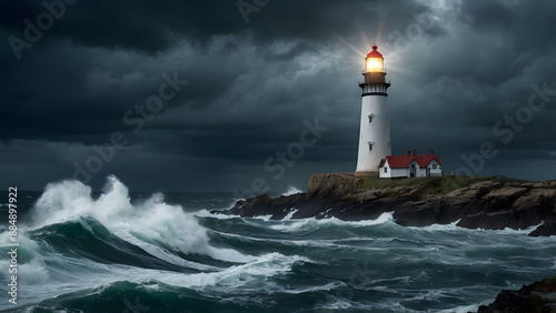 Wallpaper Mural A lit lighthouse in the middle of stormy sea, a concept for hope and resilience Torontodigital.ca