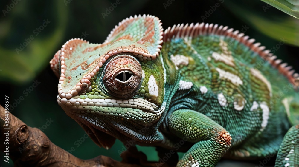 closeup of green chameleon with camouflage