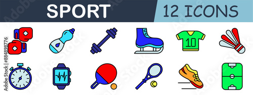 Sport set icon. Boxing gloves, water bottle, dumbbell, ice skate, jersey, shuttlecock, stopwatch, fitness tracker, table tennis, tennis, running shoe, field.