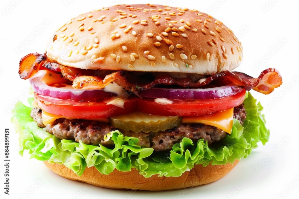 Delicious cheeseburger with crispy bacon, fresh lettuce, red onion, tomato, and pickles. Perfect for food menus, promotions, or ads. High-quality and vibrant food image. Generative AI Delicious cheeseburger with crispy bacon, fresh lettuce, red onion, tomato, and pickles. Perfect for food menus, promotions, or ads. High-quality and vibrant food image. Generative AI