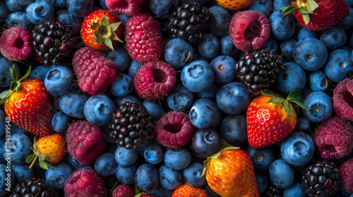 Colorful summer berries, like raspberries, blueberries, blackberries, and strawberries, are piled up in a close-up shot.