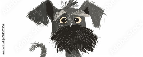 Cute illustrated black and gray dog with a scruffy beard and expressive eyes on a white background, perfect for pet-themed creatives.
