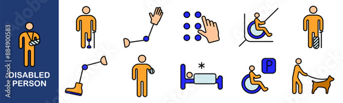 Disabled person set icon. Cast, prosthetic, braille, wheelchair, crutches, assistance dog, hearing aid, glasses, walker, accessibility, sign language.