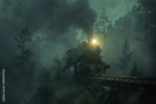 Capture the nostalgic scene of a steam engine train chugging through a fog-filled forest at night, emitting billows of smoke and illuminated by a bright headlight. photo