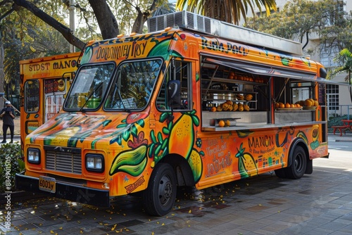 Diverse Volunteers Serving Mango Dishes at a Vibrant Food Truck Campaign for Environmental Awareness on National Mango Day