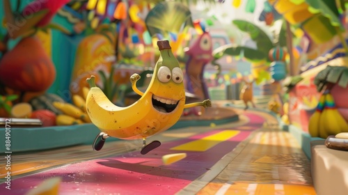 Happy banana with cartoon arms and legs, racing down a colorful road, capturing the joy and energy of a lively fruit character in action