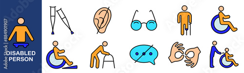 Disabled person set icon. Cast, prosthetic, braille, wheelchair, crutches, assistance dog, hearing aid, glasses, walker, accessibility, sign language.