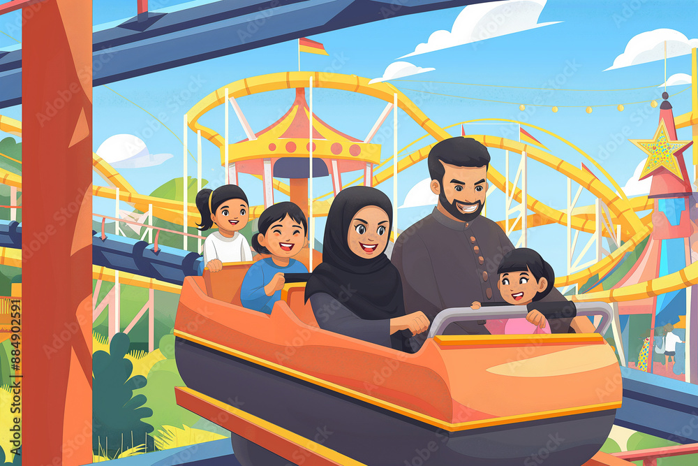 Fototapeta premium A family of four is riding a roller coaster at a theme park