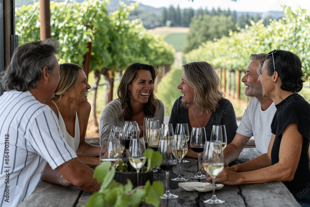 A group of people are sitting around a table with wine glasses and smiling A group of people are sitting around a table with wine glasses and smiling