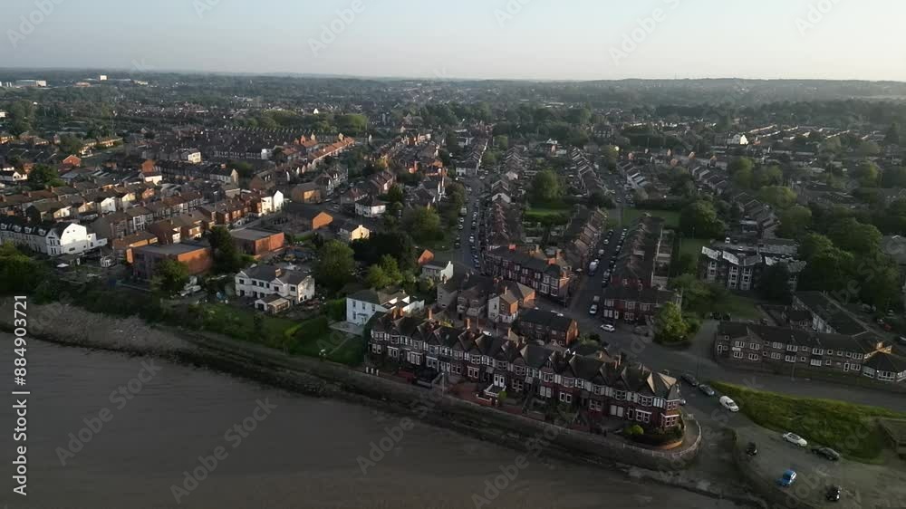 coastal shots near a build suburban area. Wirral Merseyside drone views