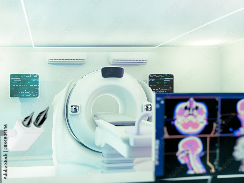 The CT scan room features a 3D rendering CT scanner, used for high-resolution medical diagnostics. The CT scan room features a 3D rendering CT scanner, used for high-resolution medical diagnostics.