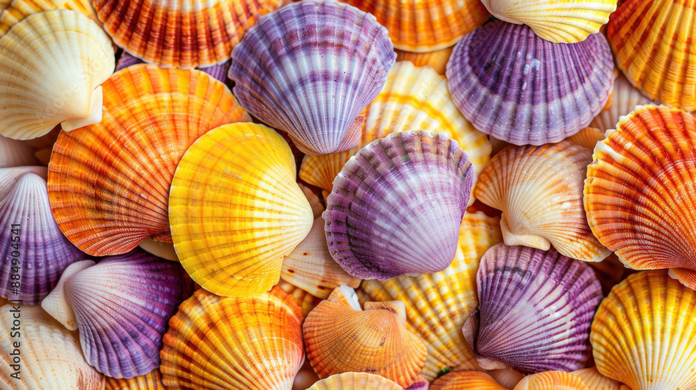 A close-up view of beautifully arranged seashells, featuring a palette of orange, yellow, and purple A close-up view of beautifully arranged seashells, featuring a palette of orange, yellow, and purple