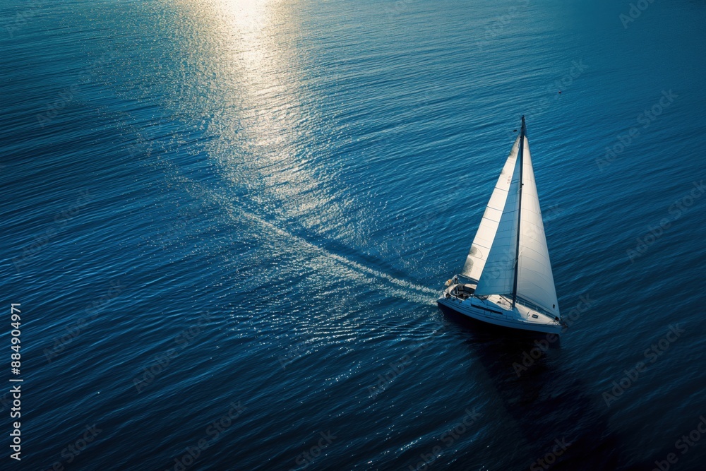 An aerial photo of a sailing yacht in the open sea, with the boat set ...