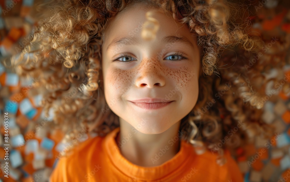 A young girl with curly hair is smiling and wearing an orange shirt. She has a few freckles on her face A young girl with curly hair is smiling and wearing an orange shirt. She has a few freckles on her face