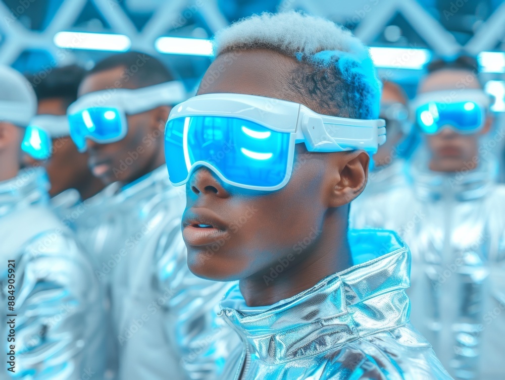Y3K Cyberpunk Style Hangout Diverse Young Adults in Chrome and Glow Apparel in a Futuristic Digital Lounge Y3K Cyberpunk Style Hangout Diverse Young Adults in Chrome and Glow Apparel in a Futuristic Digital Lounge